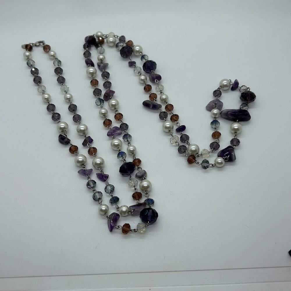 Amethyst Faux Pearl Necklace Crystal Beads Silver-tone 56 inches long